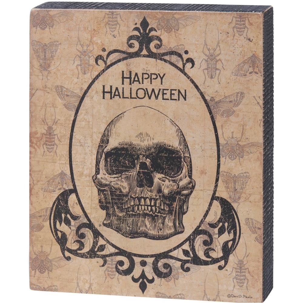HAPPY HALLOWEEN Wooden Box Sign with Rustic Skull Design Insect Background Gifts